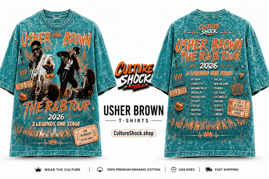 organic cotton vintage t-shirts featuring vibrant design for Usher Brown R&B Tour 2026 in acid wash style