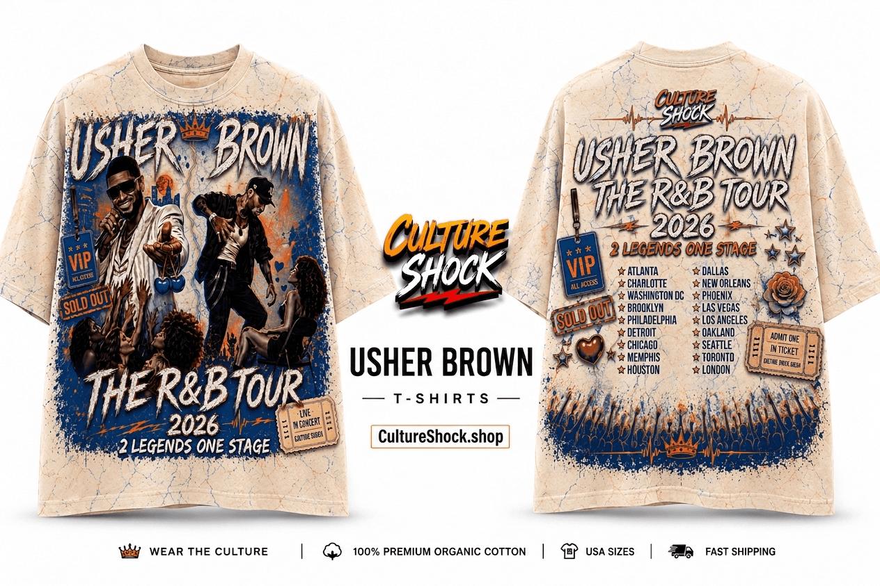 organic cotton vintage t-shirts featuring Usher Brown R&B Tour 2026 graphic design and premium quality.